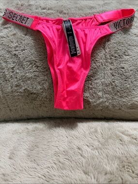 Victoria's Secret Neon Pink Rhinestone Logo Thong